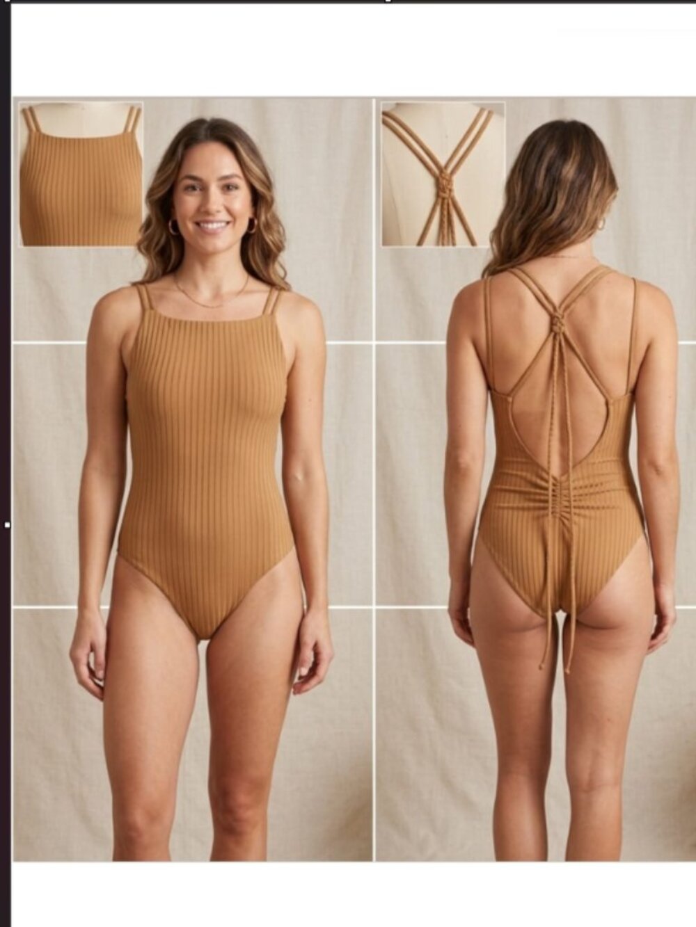 Unsubscribed, Ribbed One Piece Swimsuit Tan Beige Open Back Halter Tie Size M